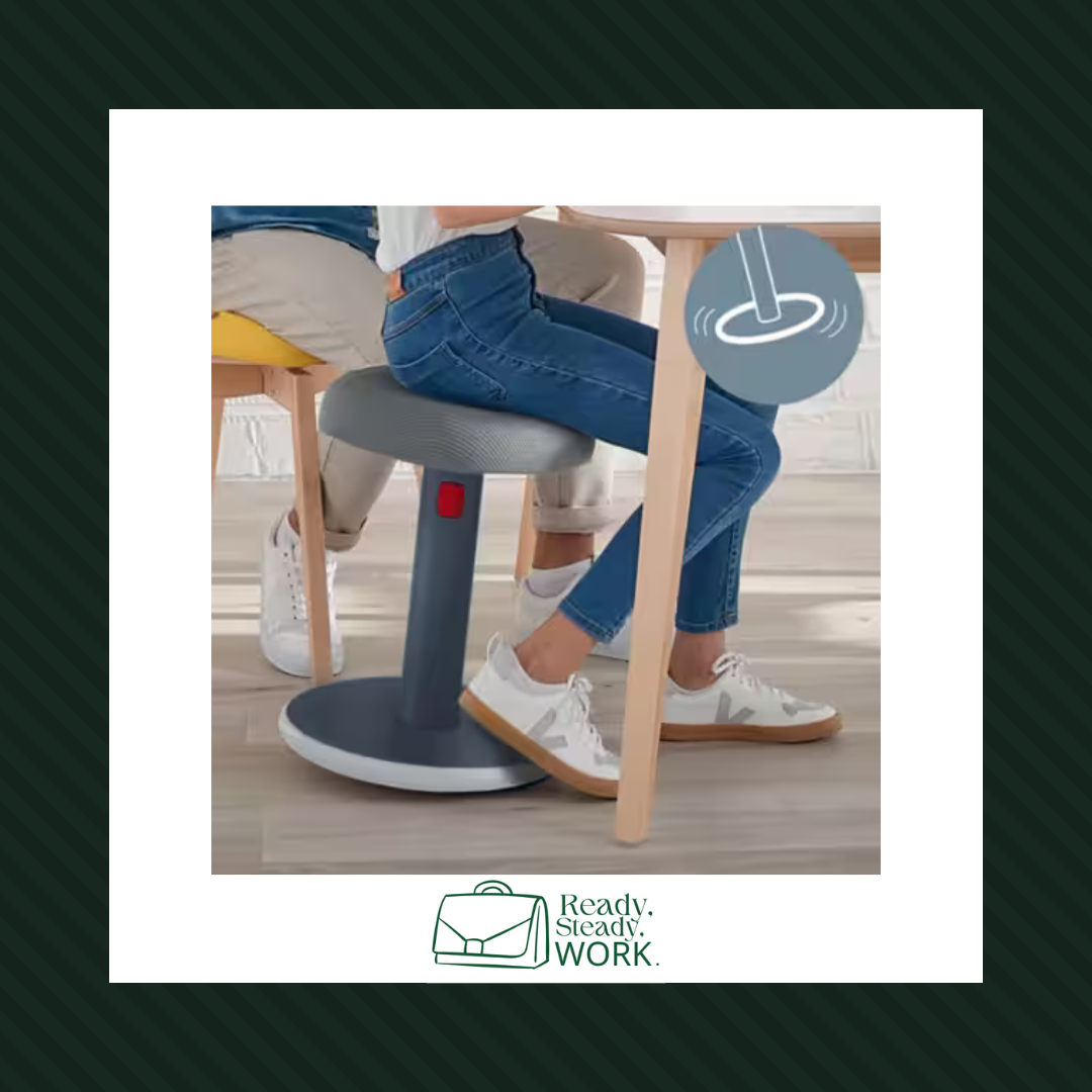 A professional sits on the LEITZ Ergo Cosy Sit-Stand Stool, tilting the stool forward to suit her comfort. Her posture is improved, and her movement is encouraged while working. There is an image to remind us that the stool can move without damaging any floor. 