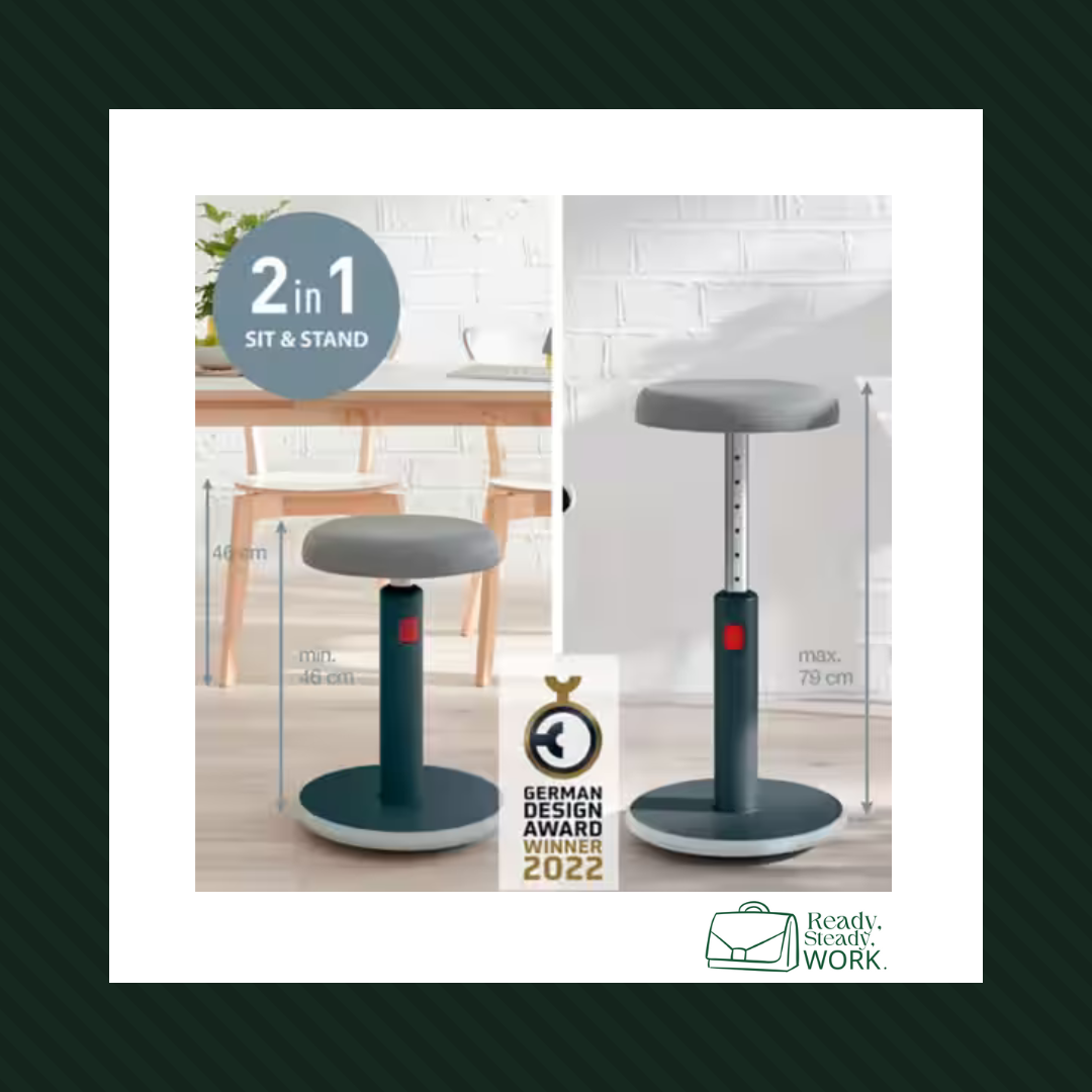 This image depicts the LEITZ Ergo Cosy Sit Stand stool in both two different height adjustments. This demonstrates the height difference between the sitting setting and the standing setting. It shows that you can change your position throughout the workday to suit comfort. There is a message that says that this product was the German Design Award winner in 2022, showing that it was an innovative design for professionals with back pain and people who work in office but want to keep moving.